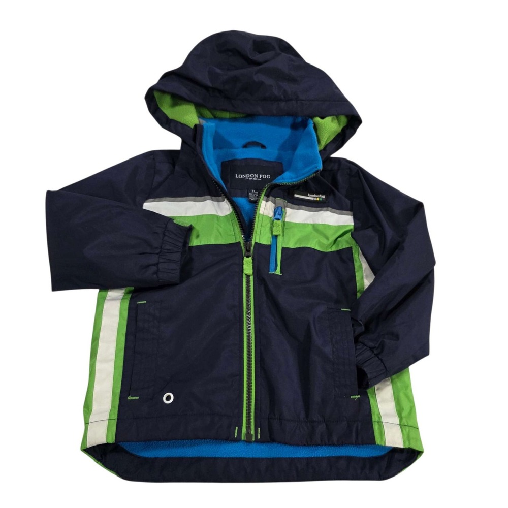 LONDON FOG Boys Hooded Jacket Navy Blue Green White Stripes 3T Winter Warm